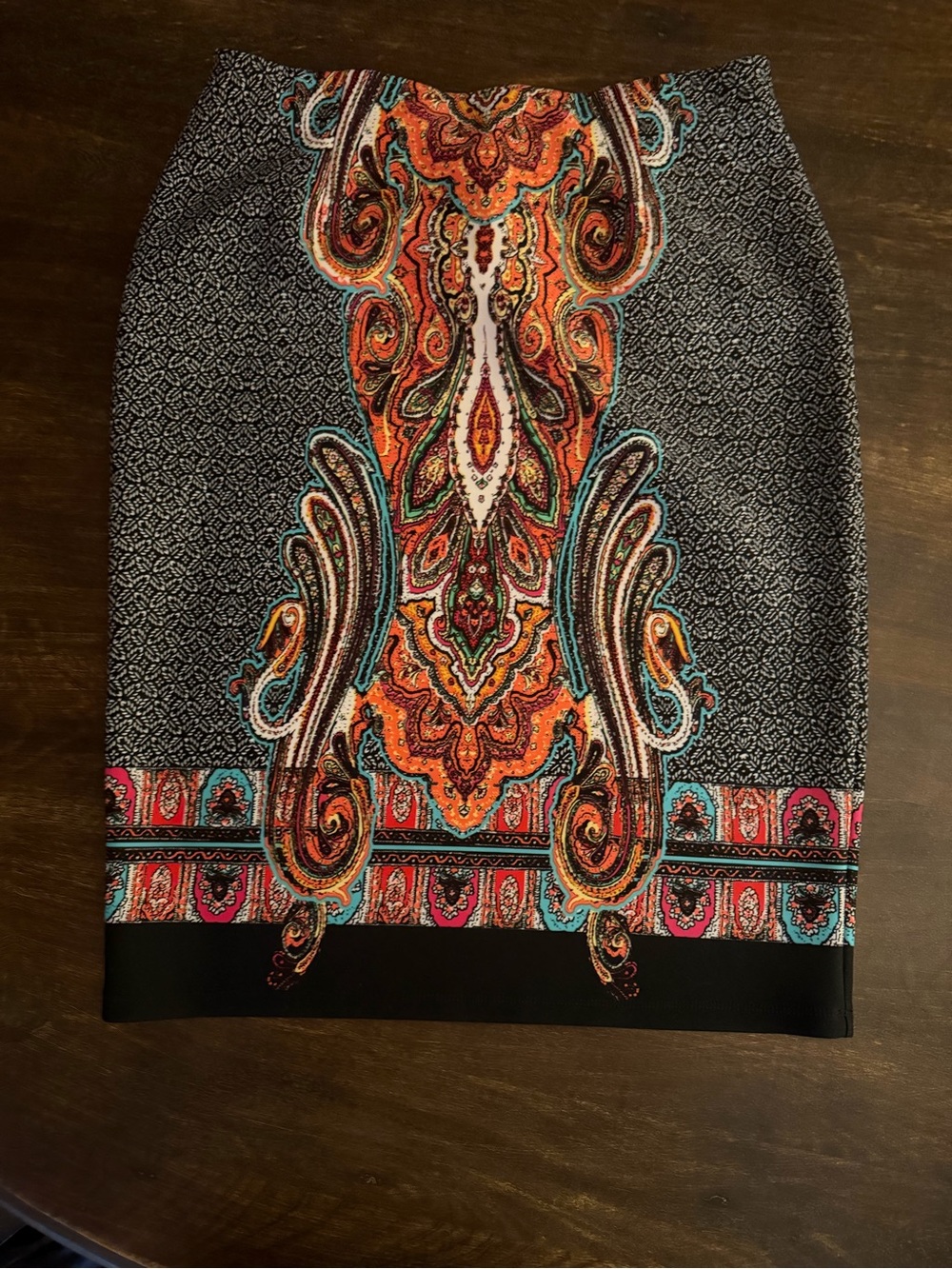 Cato Vibrant Paisley Pencil Skirt Large Orange Turquoise Stretch Knit Boho Midi